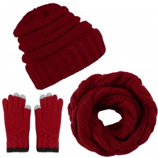 Aneco Winter Warm Knitted Scarf Beanie Hat and Gloves Set Men & Women's Soft Stretch Hat Scarf and Mitten Set,Burgundy