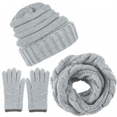 Aneco Winter Warm Knitted Scarf Beanie Hat and Gloves Set Men & Women's Soft Stretch Hat Scarf and Mitten Set,Light Grey